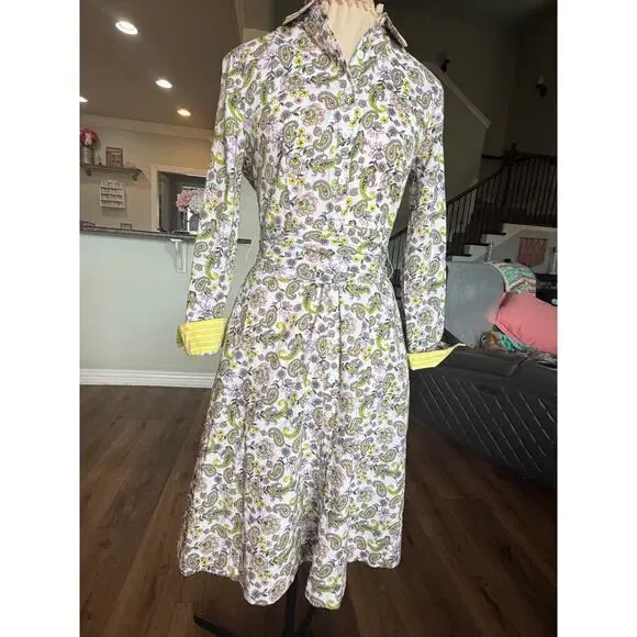 Court & Rowe Shirt Dress Paisley Floral Pink Yellow Tie Waist Women 6 - Picture 2 of 9
